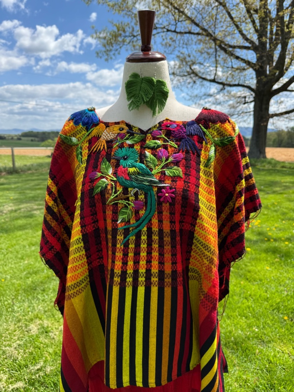 Hand-Embroidered Vibrant Plaid guatemalteca Blouse with Parrot Motif